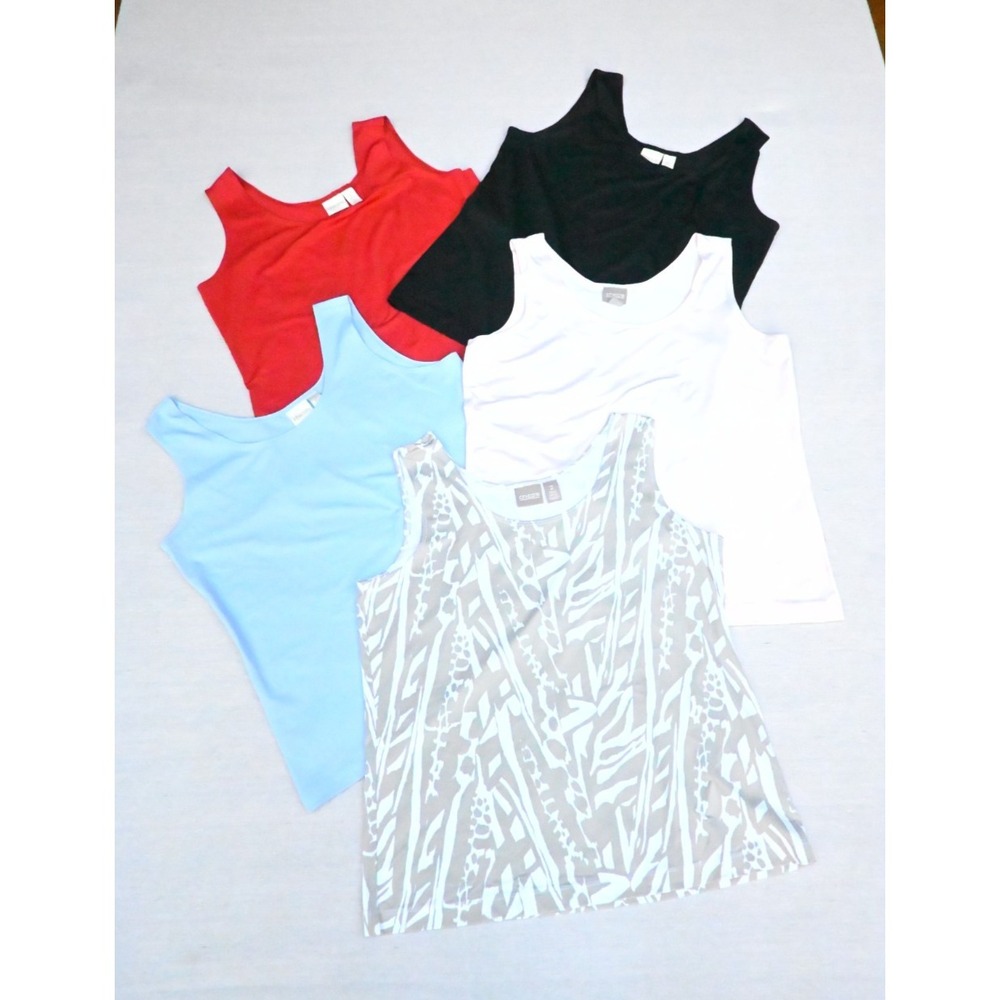 Chicos Lot of 5 Womens 2 L Tank Tops Red Black Pink Blue Taupe Print Scoop Neck - Picture 2 of 14